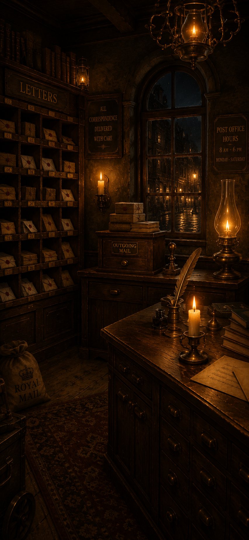 A lamplit correspondence room with letter pigeonholes and a writing desk