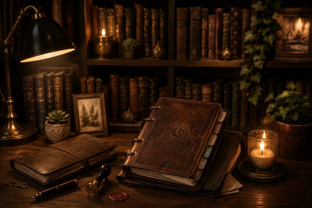 Leather journals, a wax seal, a fountain pen, and a candle on a wooden desk