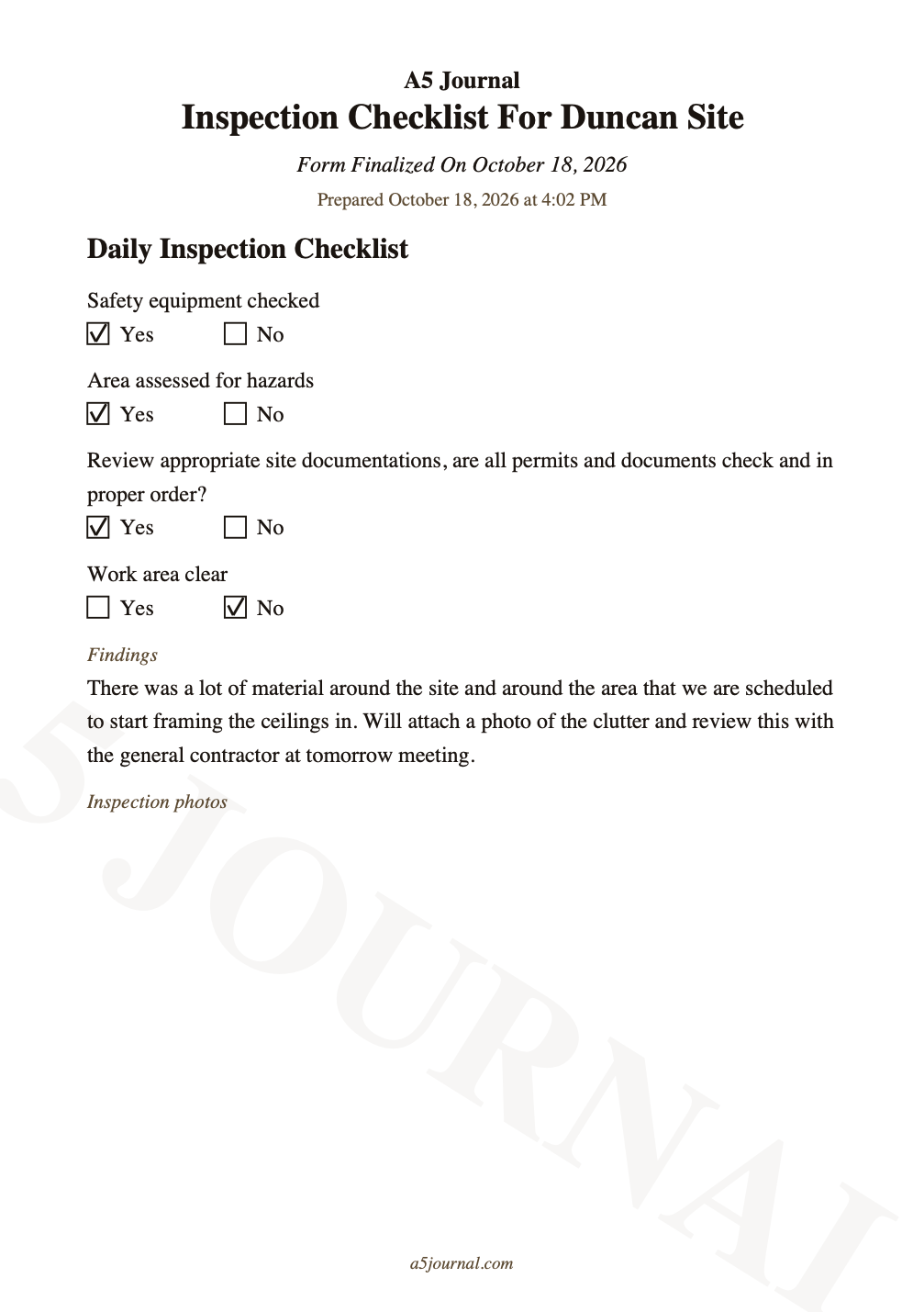First page of the Duncan site inspection checklist, with the completed checks and findings