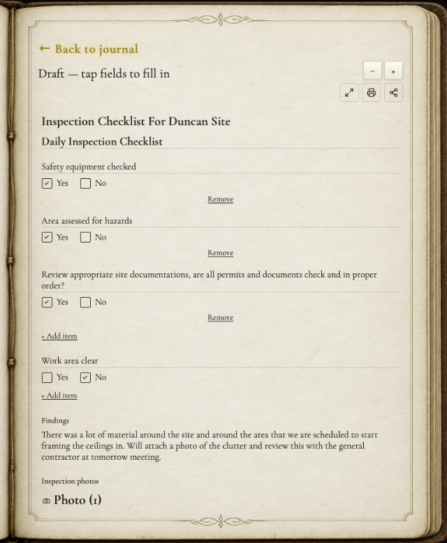 An inspection checklist open in A5 Journal, with yes and no answers, findings, and a site photo