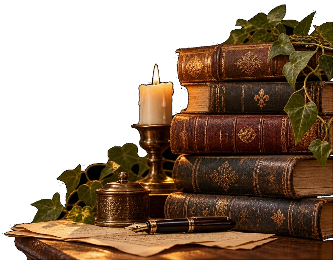 A candle, fountain pen, and a stack of old leather books with ivy