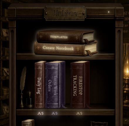 A library shelf with Daily Log, Extra Work Orders, and Firestop Tracking notebooks