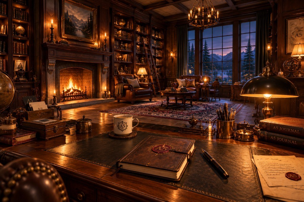 A lamplit library with a fireplace, leather chairs, and an A5 journal open on the desk