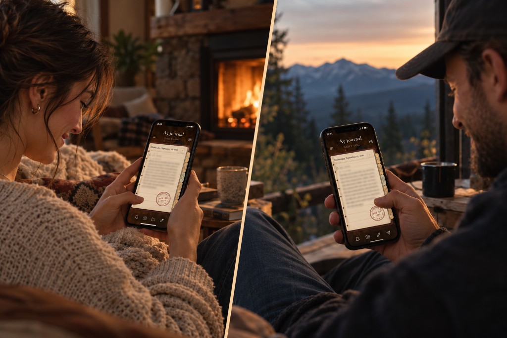 Two people reading A5 Journal on their phones, one beside a fireplace and one on a mountain porch at sunset