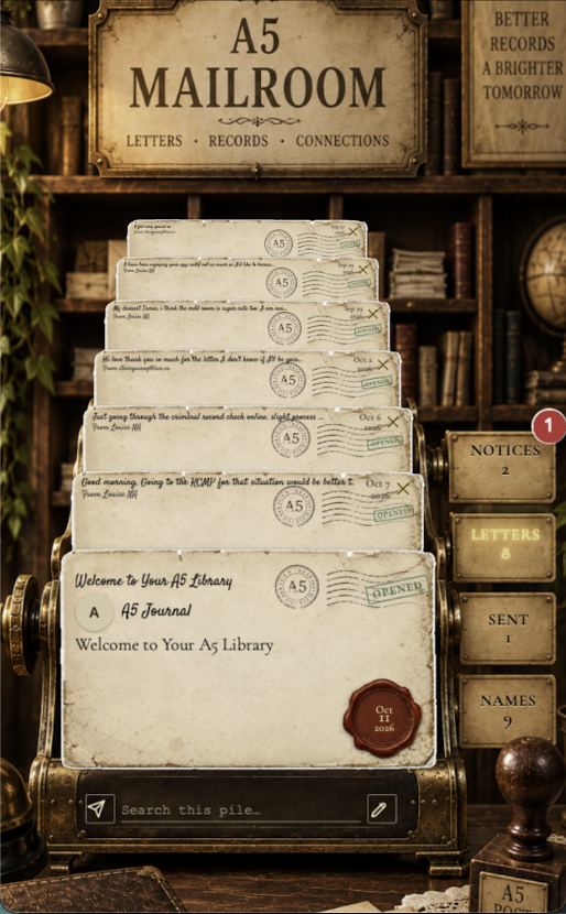 The A5 Mailroom, with letters waiting in the pile