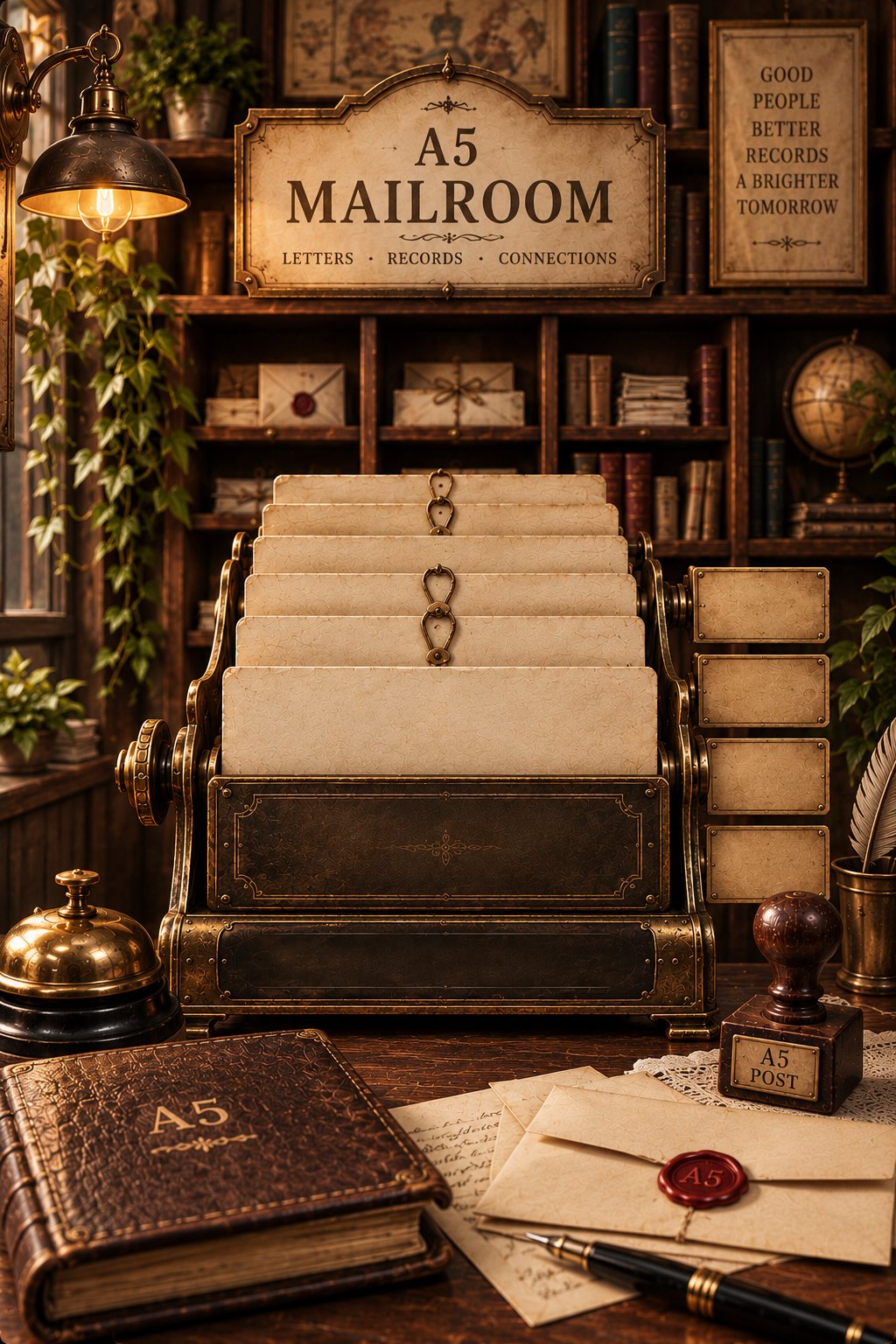 The A5 Mailroom, with pigeonholes of letters behind a brass sorter on a wooden desk