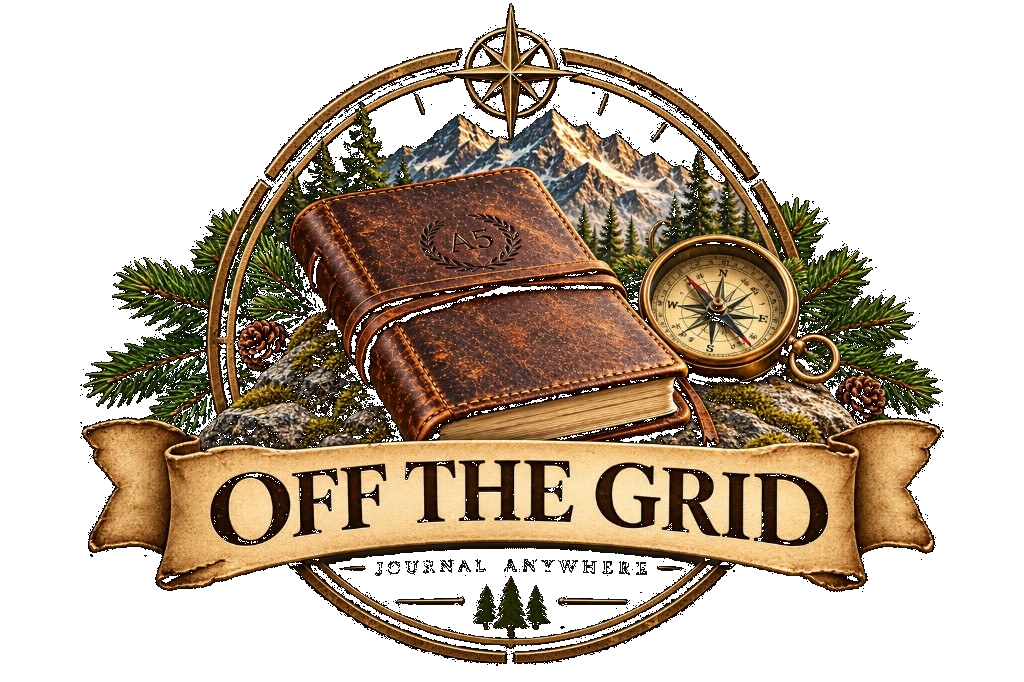 Off the Grid emblem: a leather A5 journal, mountains, and a compass, with the words Journal Anywhere