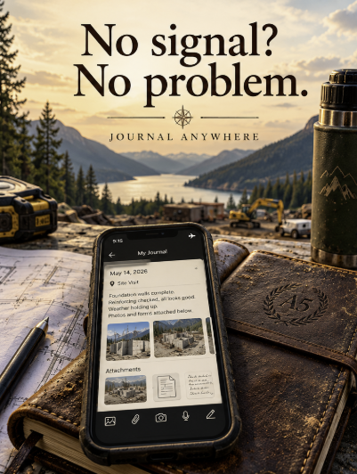 A mountain worksite at sunset, with the words No signal? No problem. Journal anywhere.