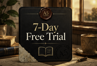 A5 Journal 7-day free trial card on a sunlit desk