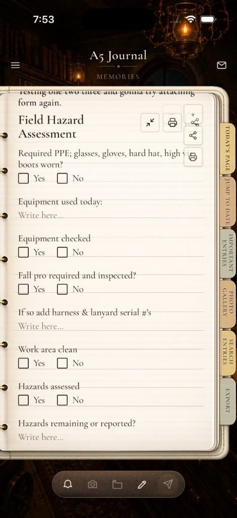 A Field Hazard Assessment inside A5 Journal, with checks for equipment, fall protection, and remaining hazards