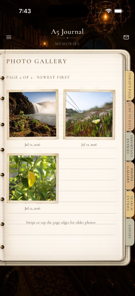 The A5 photo gallery, with three photographs dated July 12, 2026