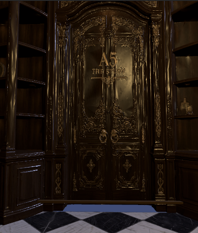 Concept artwork of tall carved library doors marked A5, The Study