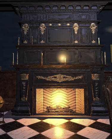 Concept artwork of a carved fireplace with a fire lit in a dark study
