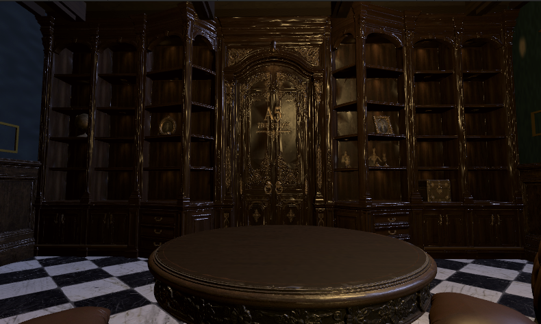 Concept artwork of a wood-panelled library with empty shelves, a round table, and doors marked A5, The Study