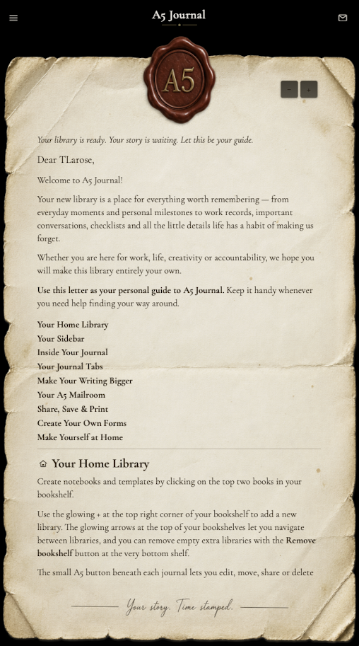 A welcome letter in A5 Journal, sealed with the A5 mark, introducing a new member to their library