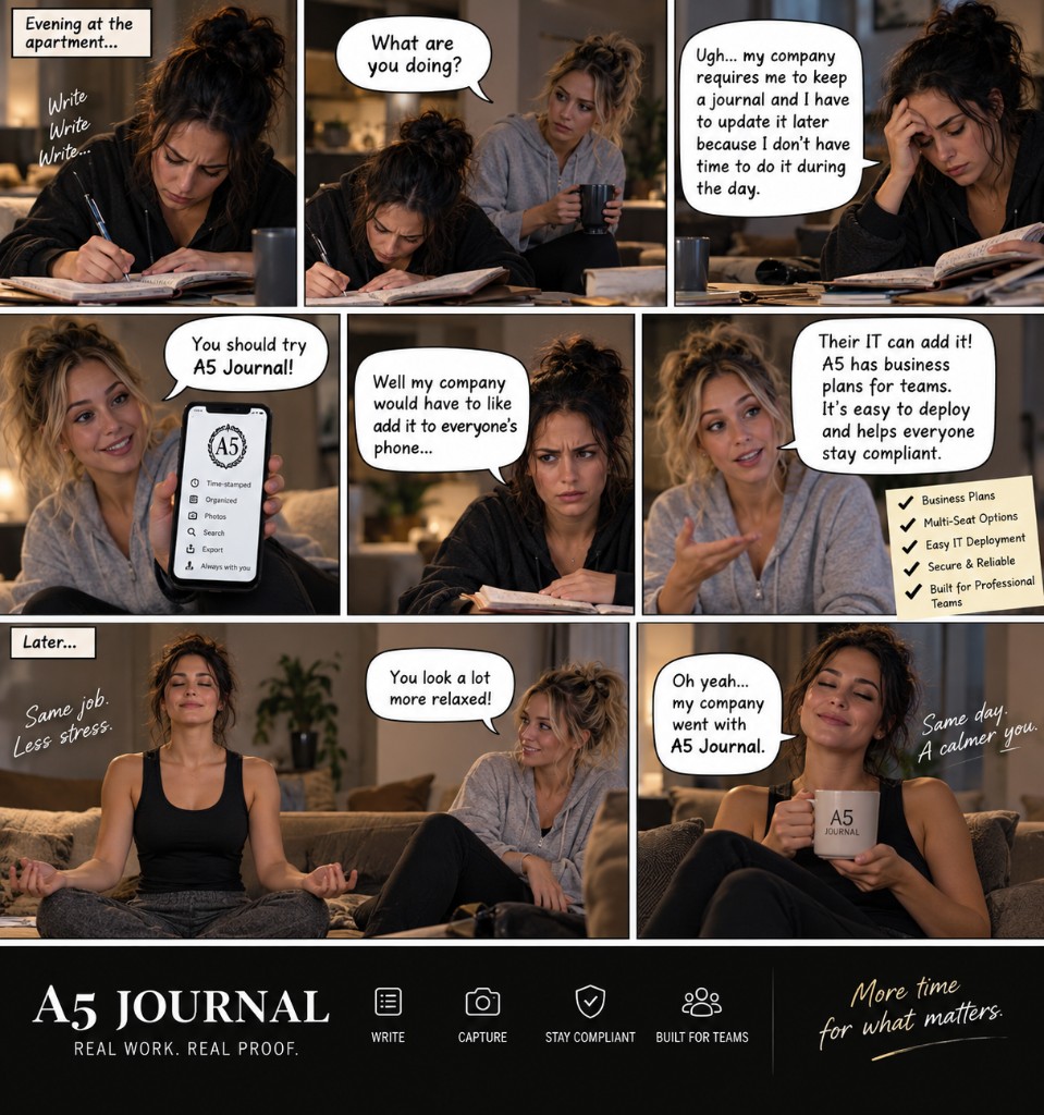 A short story of an evening work journal becoming calmer after a company adopts A5 Journal